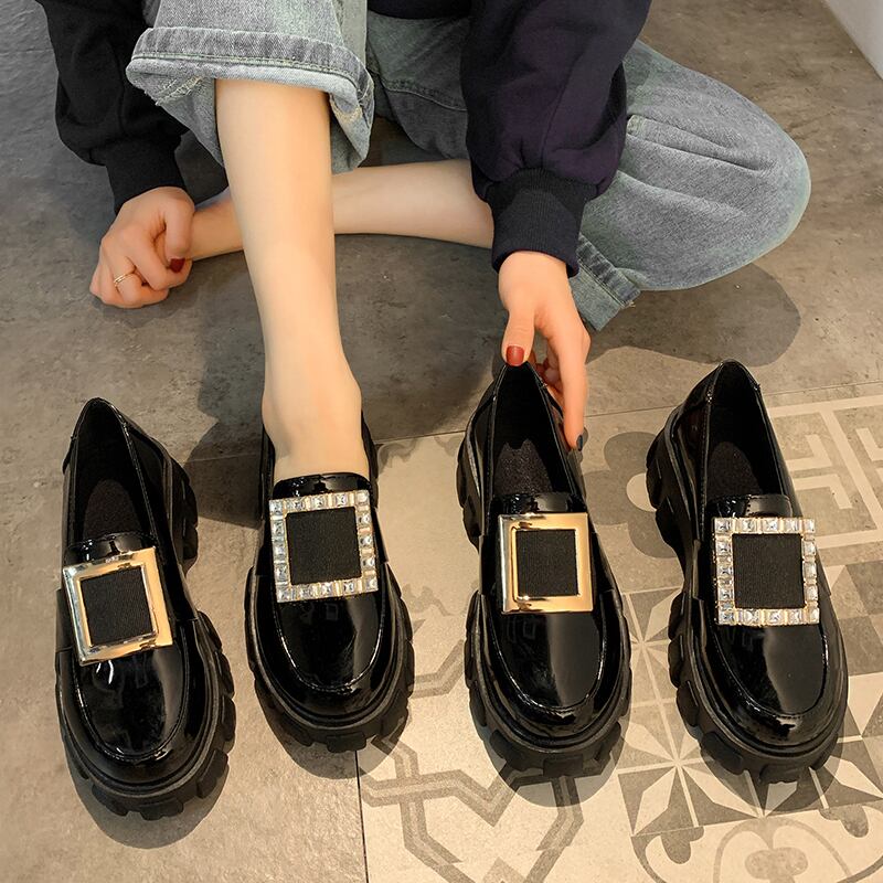 増加したplatmシューズ女性の英国スタイル2020新しい春のラインストーンスクエアバックルマフィンローファー野生の小さな革の靴の女性 部族の婦人靴7759629