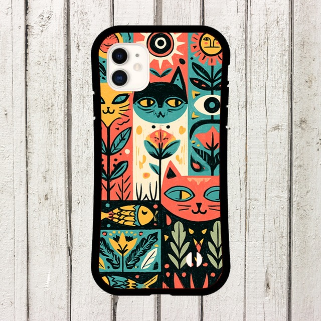 受注生産 iPhoneケース 猫と鳥と花のサイケ民芸柄｜猫と鳥モチーフ PSYF041C