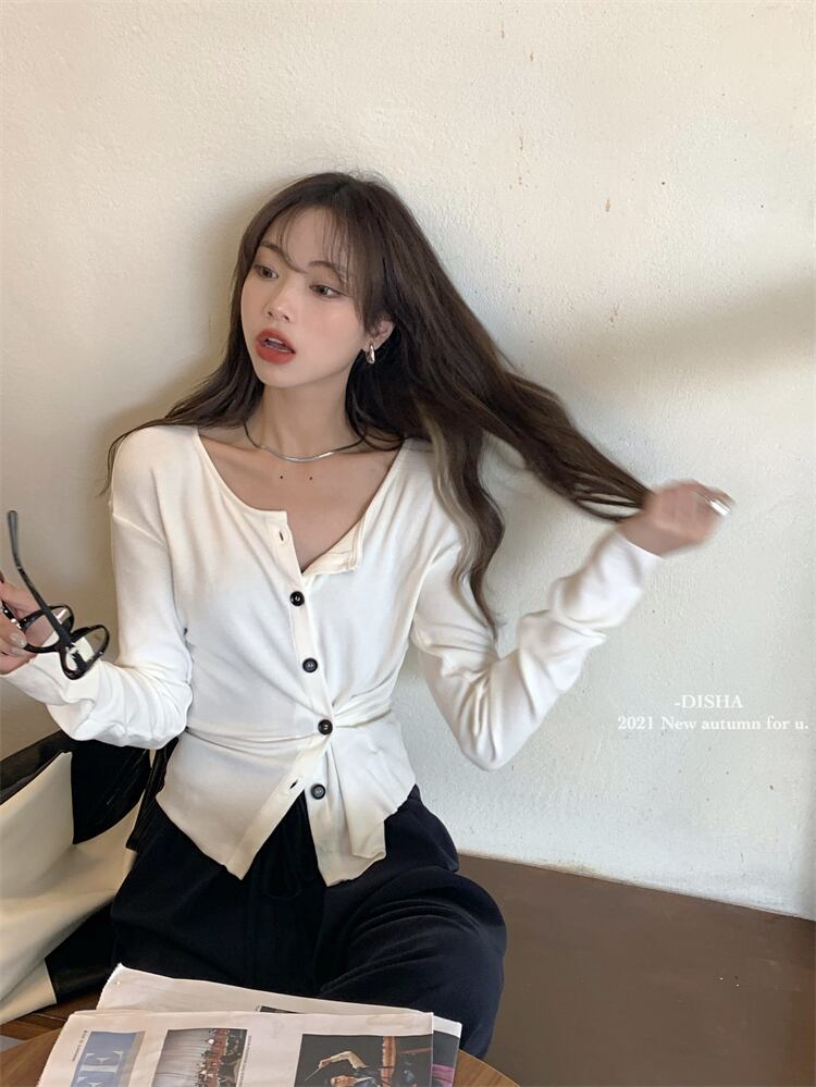 スリムTシャツ シャツ オータムホワイトカジュアル ロング 秋物 モンロー35230363512