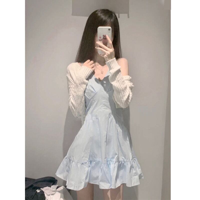 ブルースカート ノースリーブウェストベルト 薄手ドレス サマー 大人ガーリー スウィート キュート カジュアル 夏物 ハーネス 萌量不足58015785549