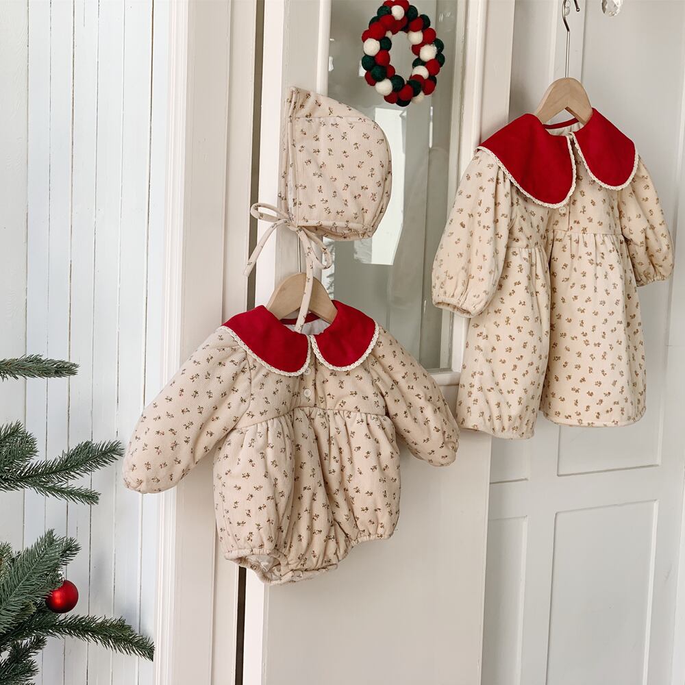 ウィンターフローラルドレス スタンダードスカート ロンパース オールインワン レトロ 冬物 花柄 超面白いベビーショップ22579776390