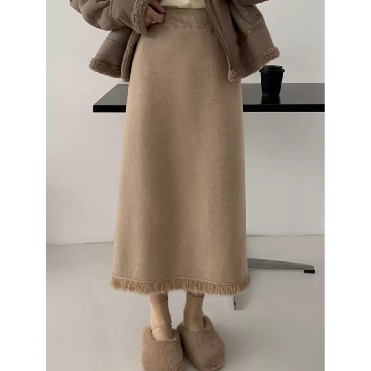 フリンジ スリット リブニット スカート 10250