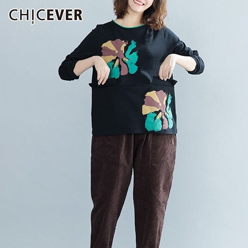CHICEVERプリントスウェットシャツ女性Oネック長袖ルーズオーバーサイズトップスプルオーバー服2020春 ロング スプリング 春物 6base549482925594