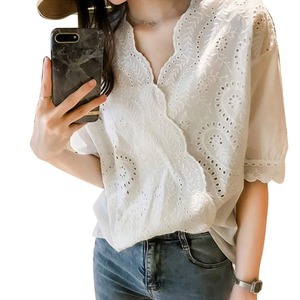 【在庫のみ】夏 刺繍 ゆったり トップス ブラウス レディース ポリエステル エレガント シャツ 可愛い花柄 Vネック 半袖 薄手 ゆっとり 着痩せ ファッション