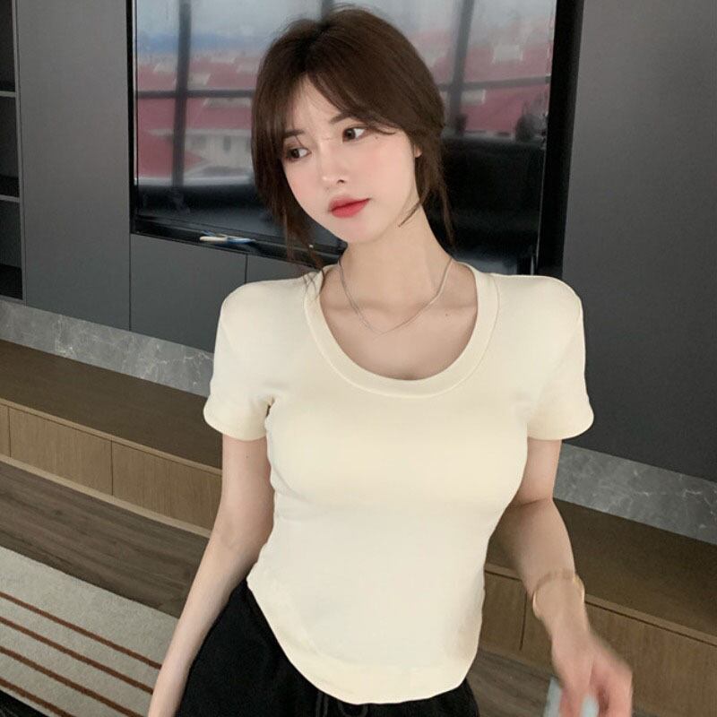 ショートTシャツ サマー薄手スタイルソリッド カラーラウンドネックスリムトップス 夏物 Oネック ピュア ソリッドカラー YY-ファッション36855956182