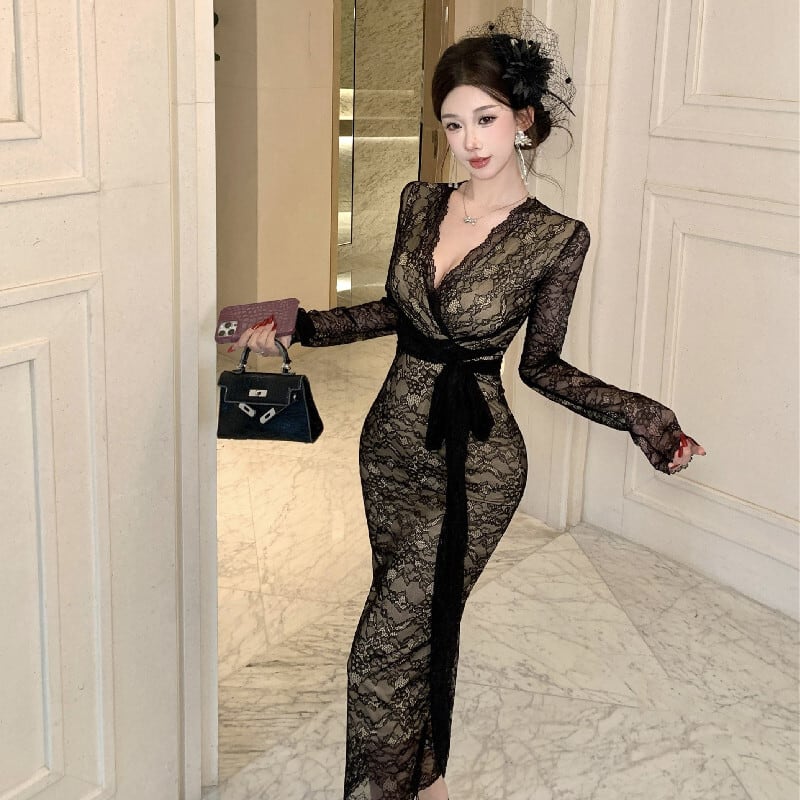 ワンピース レース Vネック フィットウエスト 綺麗め ブラック S M L