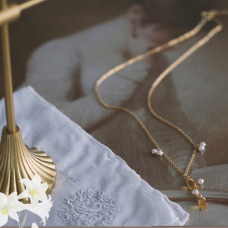 Citrine Freshwater Pearl 14K Gold Note Thin Necklace NEC112-3101