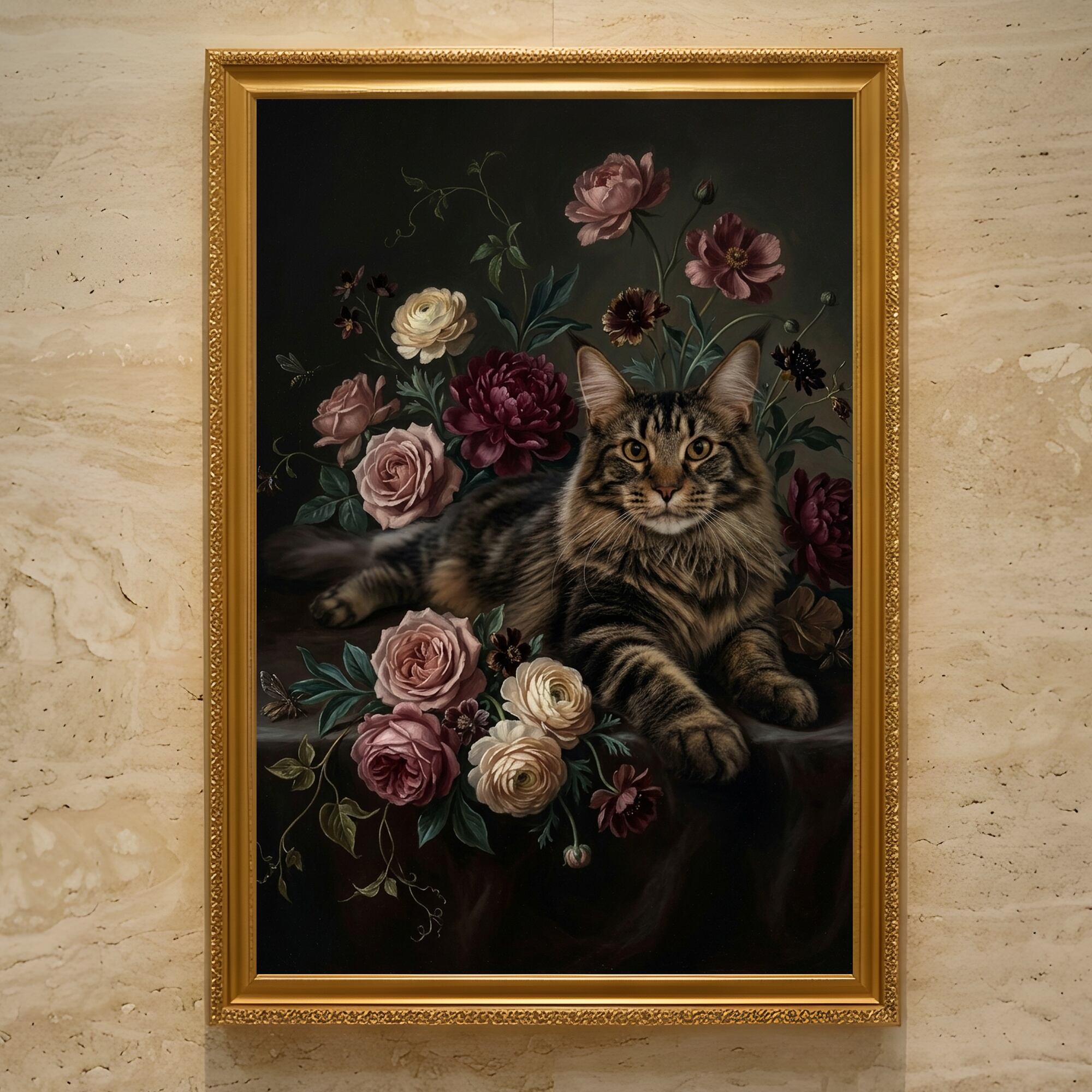 猫（メインクーン）の花に囲まれた油絵風アート A3額装インテリア