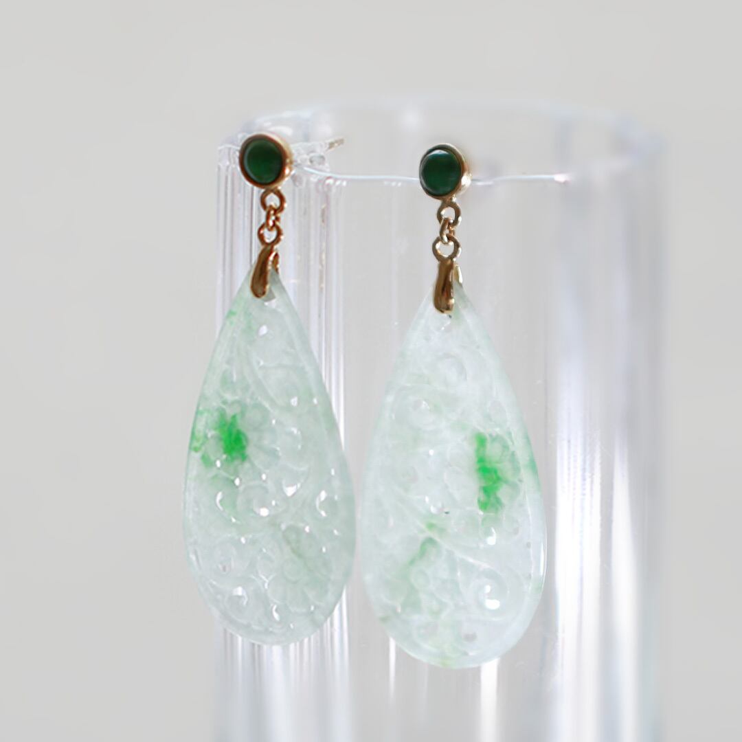 K18YG 透かし彫り翡翠ピアス A貨翡翠 jd_mm1181 | 【MeiNu（メイニュウ