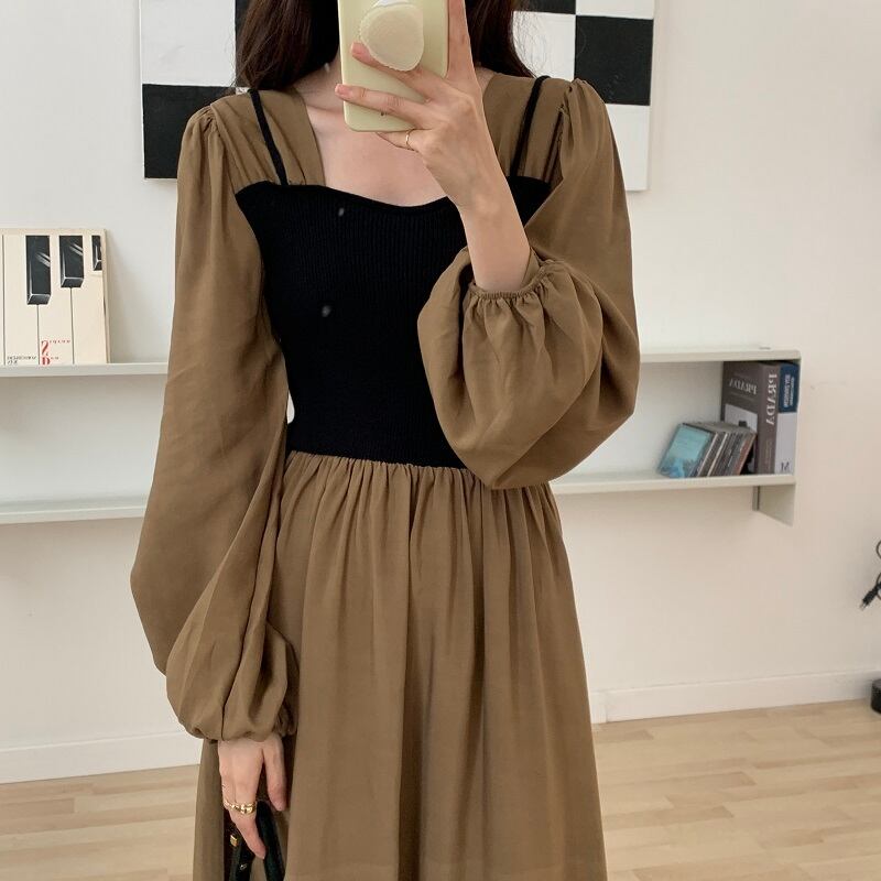 ドレス オータム薄手カラーミディ ロング 秋物 スクウェア ステッチ ビッグFスモールZ韓国67183684088