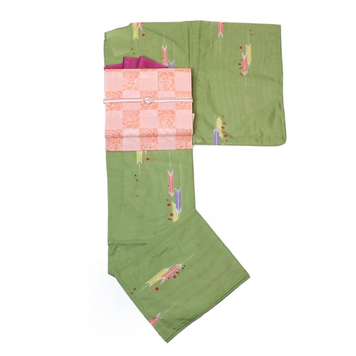大特価 新品 着物セット 夏着物 洗える着物 夏物 名古屋帯 帯締め帯揚げ 黄緑 矢羽 オレンジ かわいい 街歩き お茶 お稽古 身丈163cm