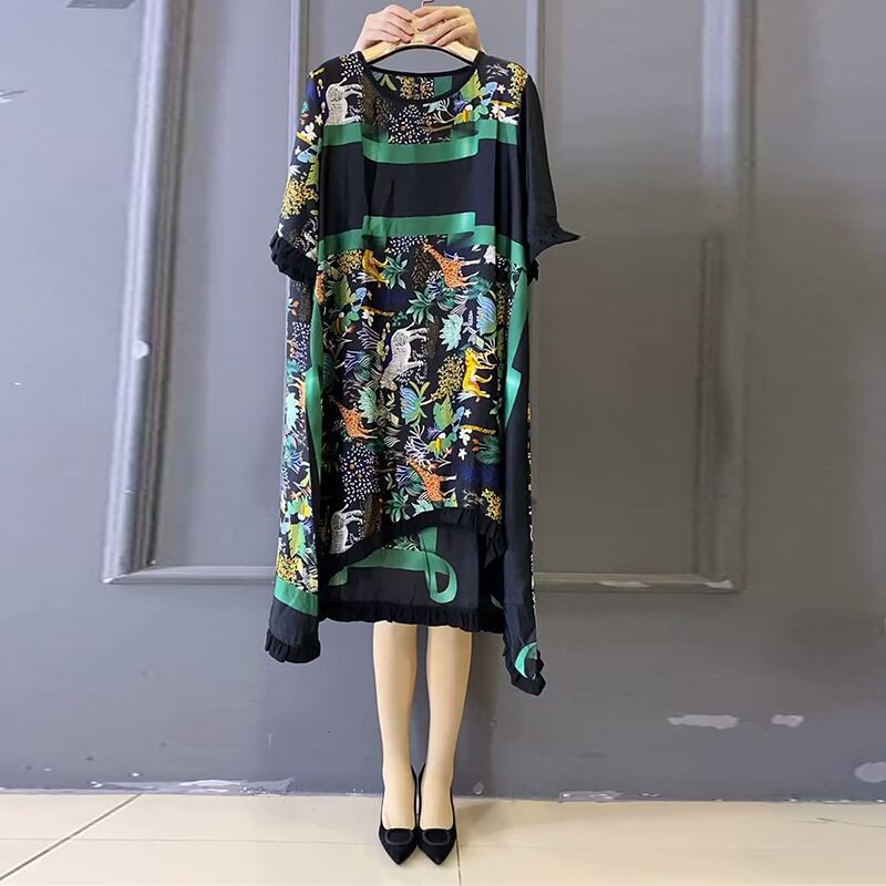 ラウンドネックドレス サマー薄手スカート 大きめサイズ 夏物 Oネック ミックスインファッション81413069610