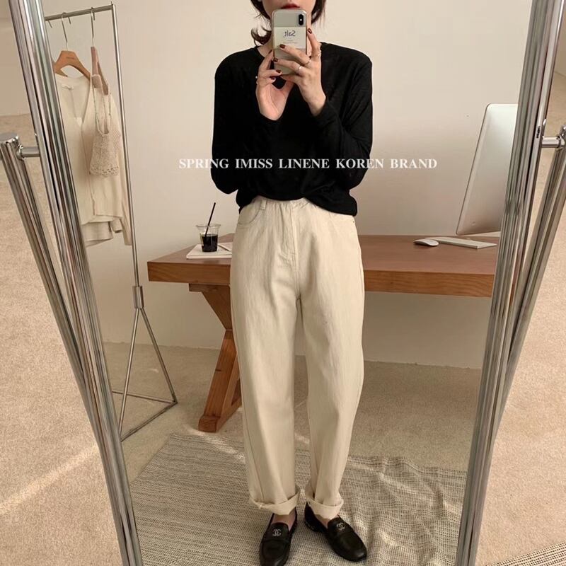 ベージュパンツ ルーズハイウェストスプリングジーンズ レディース 春物 ビッグFスモールZ韓国61304867596