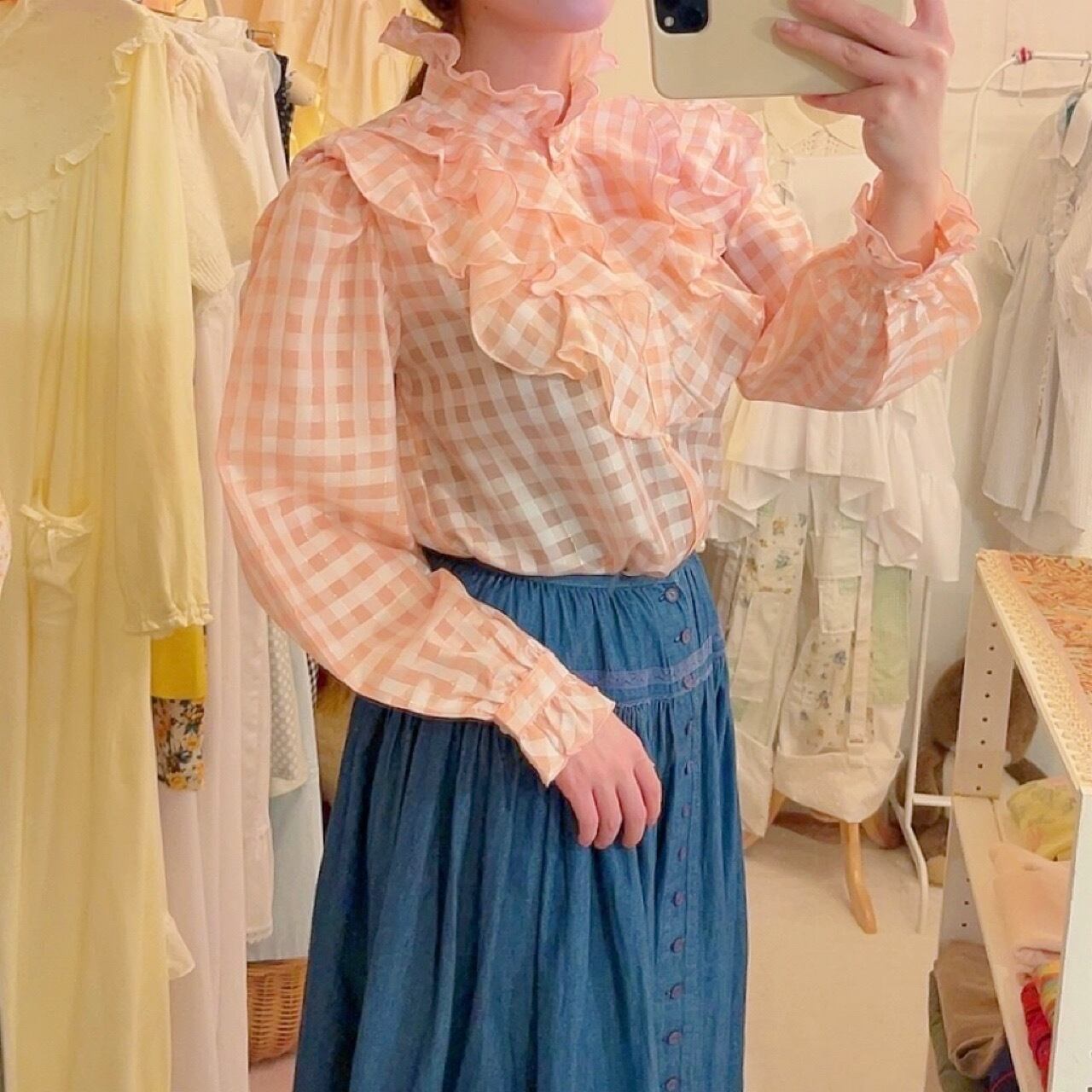 pink check frill stand collar blouse