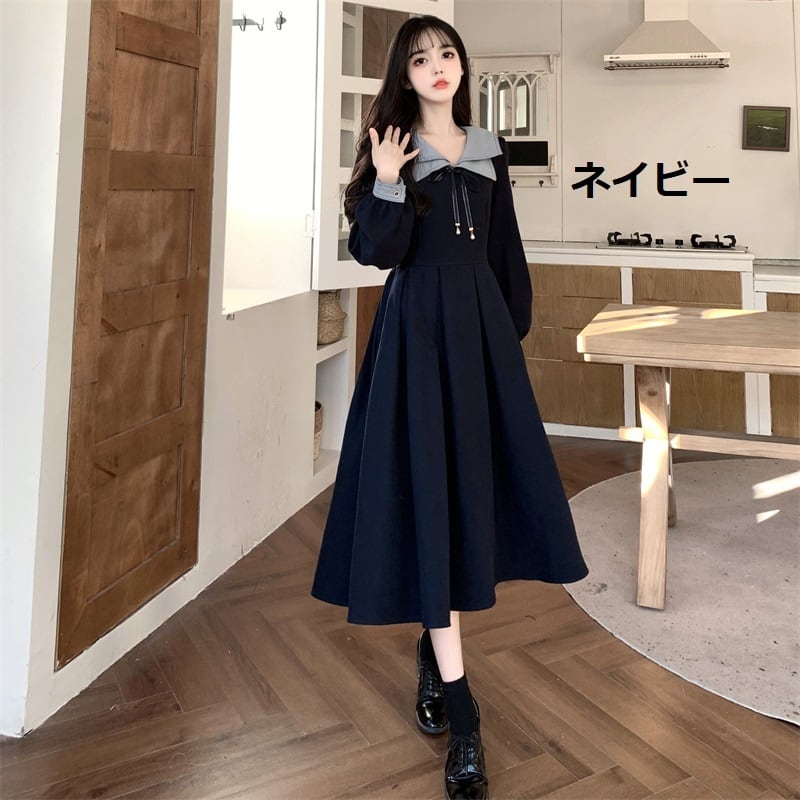 A220黒紺系大島紬Aラインワンピース★リボン・ブローチ A220黒紺系大島紬Aラインワンピース☆リボン・ブローチ