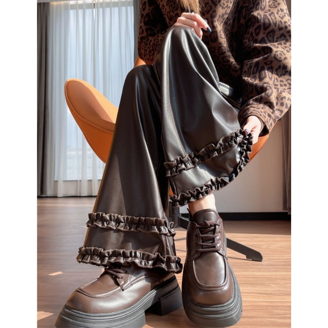 sweet spicy frill hem leather pants【2color】  e1718