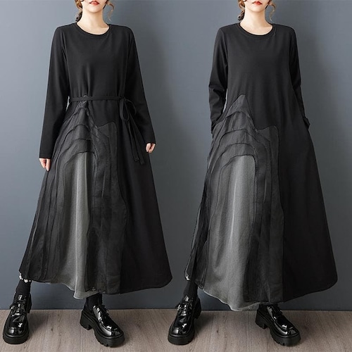 新品 大きいサイズ ゆったり アシメ チュール ワンピース 黒 ロング 春 秋冬