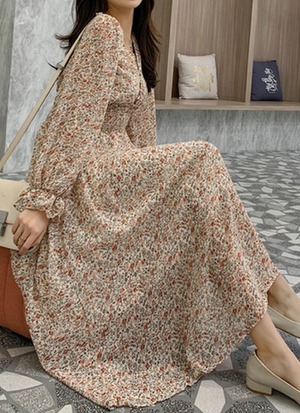 小花柄 ワンピース 韓国風 長袖 Vネック フレンチ アプリコットフラワー