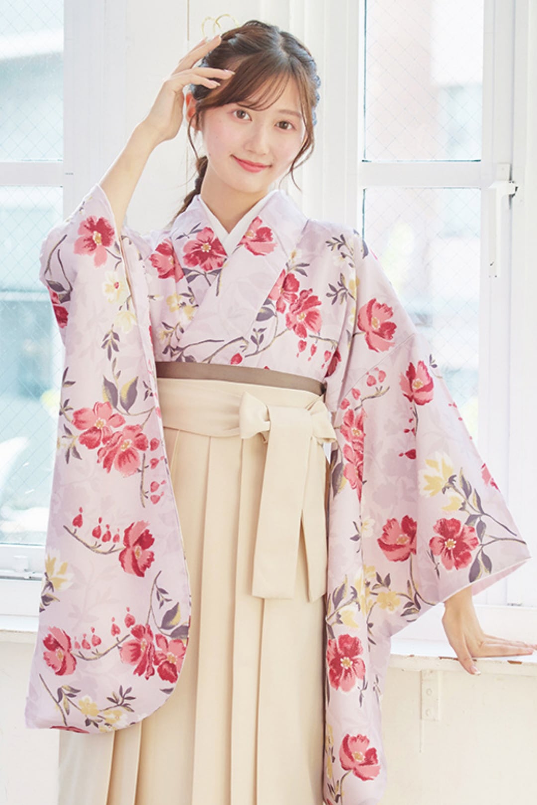 【袴4点set】淡い桜桃色の小花散らし(ピンク地)82IV/GR/BK