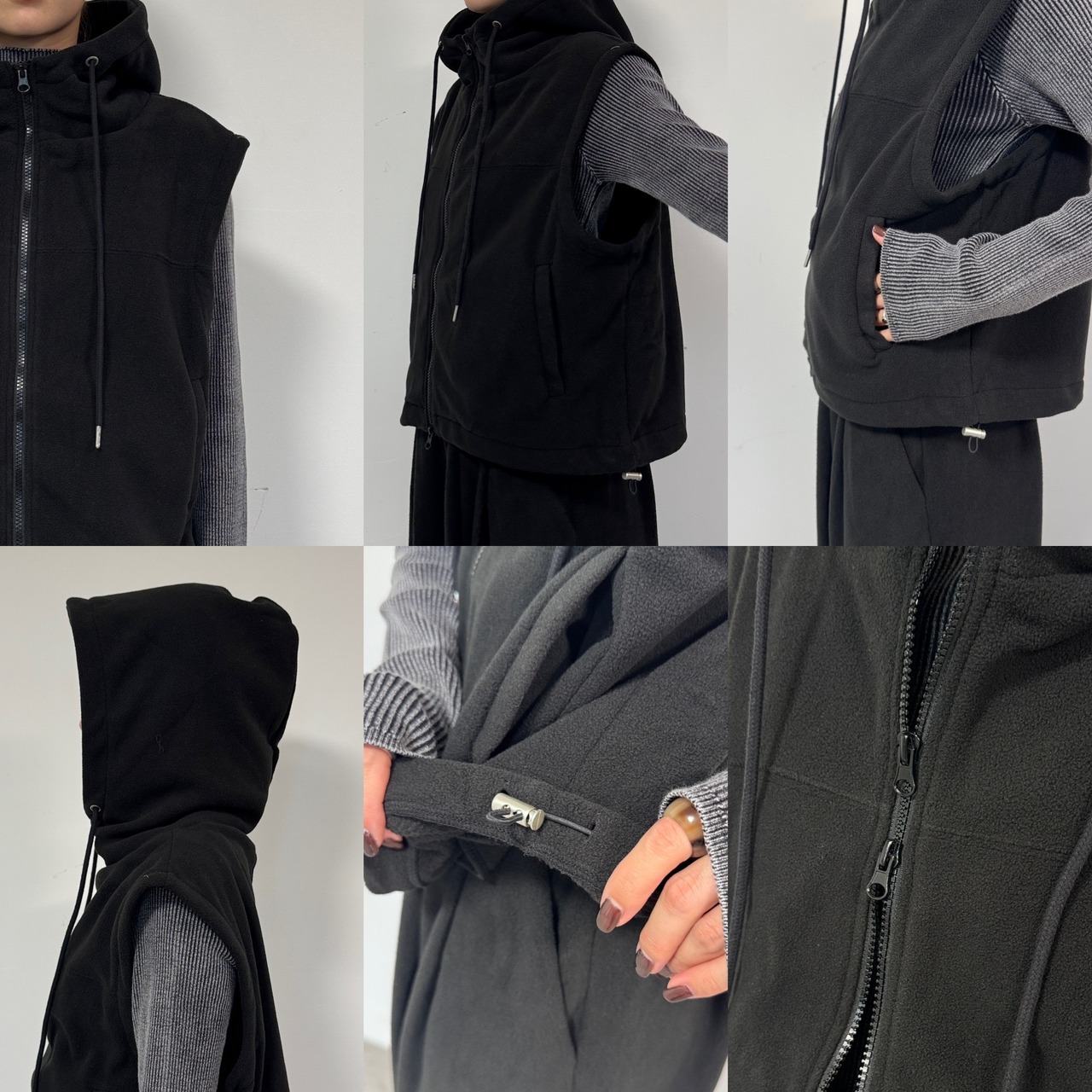 Wzipフリースフーディーvest/ブラック