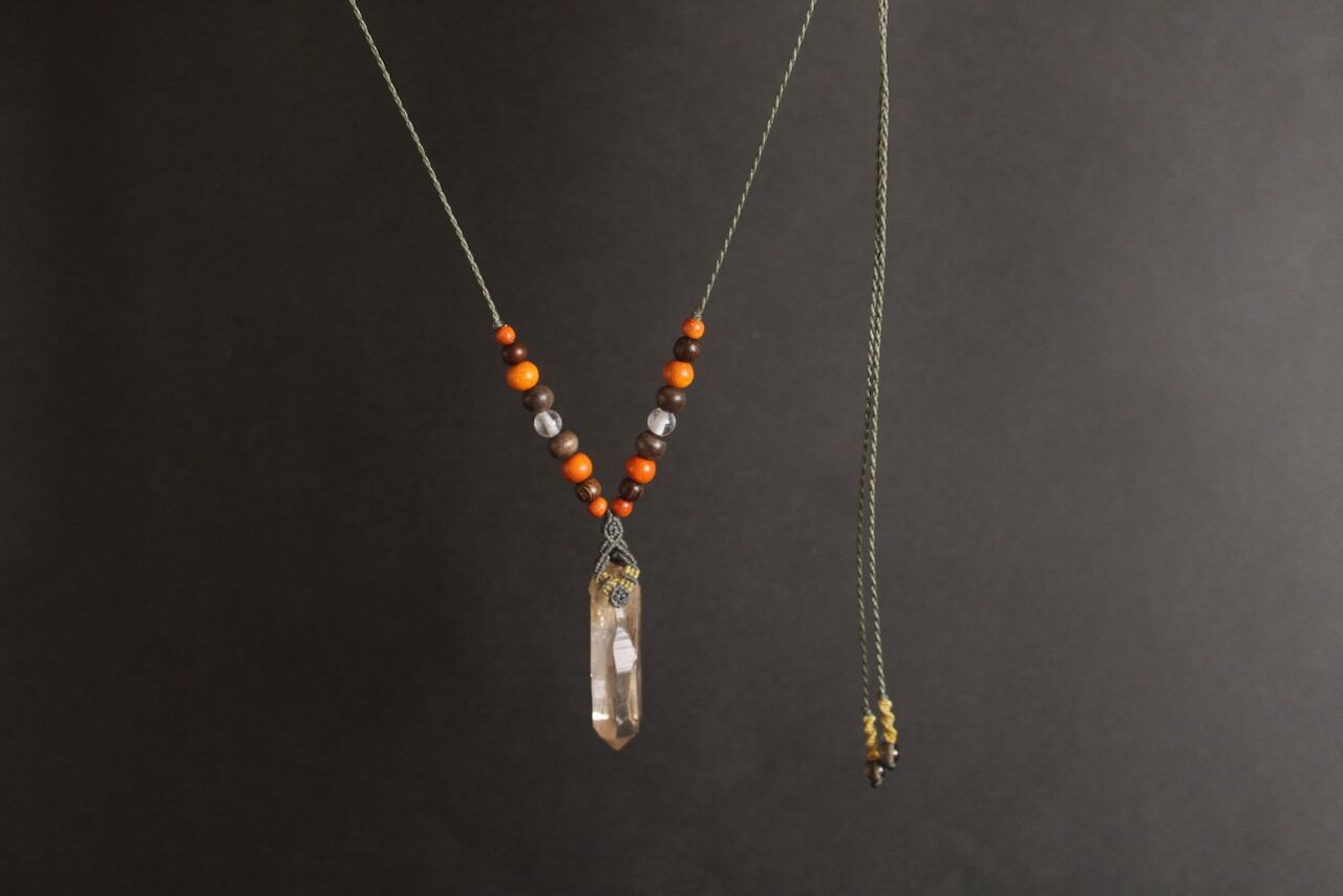 Himalayan crystal micro macrame wood pendant