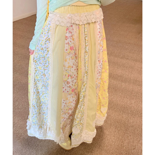 lemon fromage flower patchwork check skirt  e1920