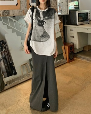 キャットグラフィックプリント Tシャツ A1009