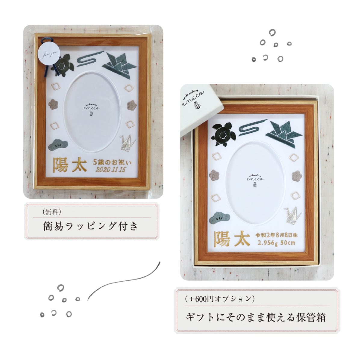 お祝い記念の刺繍フォトフレーム（ホワイト・選べるフレーム付・2L