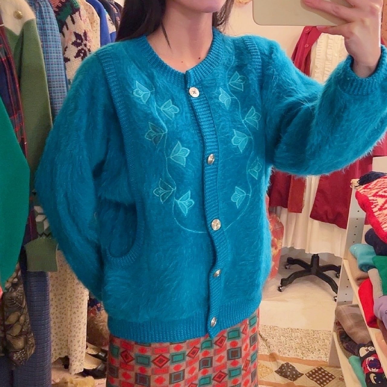 peacock green shaggy knit cardigan