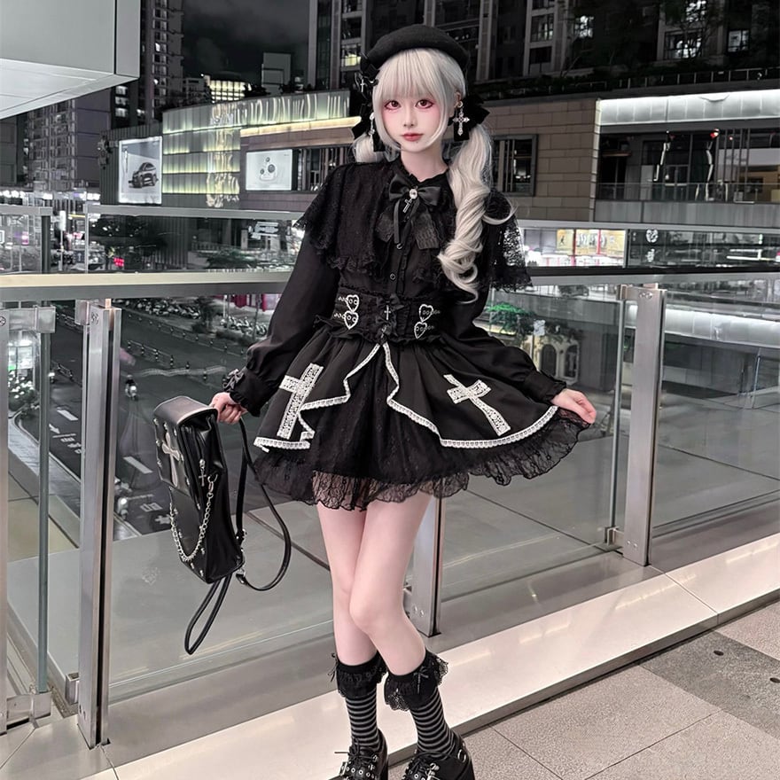 クロスモチーフ付き ゴシックロリータ ミニスカート|コルセット風ウエスト×レース重ね|天使と悪魔