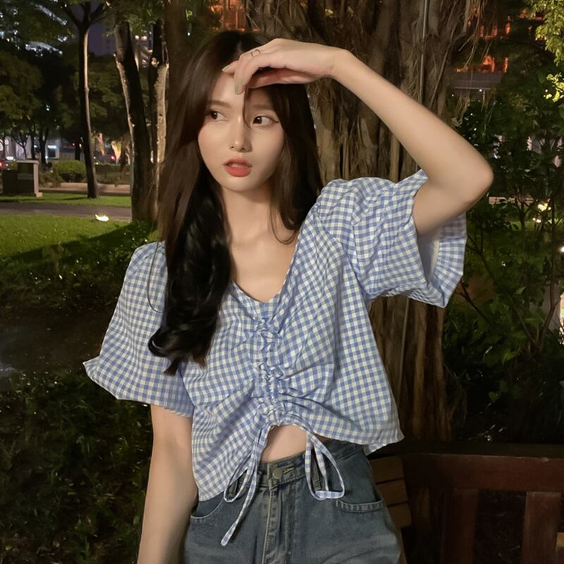 サマー格子柄ショートシャツ ギャザートップス 大人ガーリー スウィート キュート カジュアル 夏物 YY-ファッション36983041574
