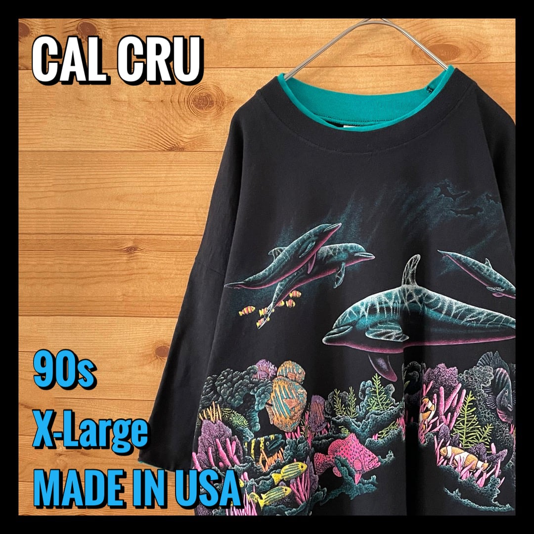 CALCRU】90s USA製 両面プリント Tシャツ イルカ 熱帯魚 珊瑚 アメリカ ...