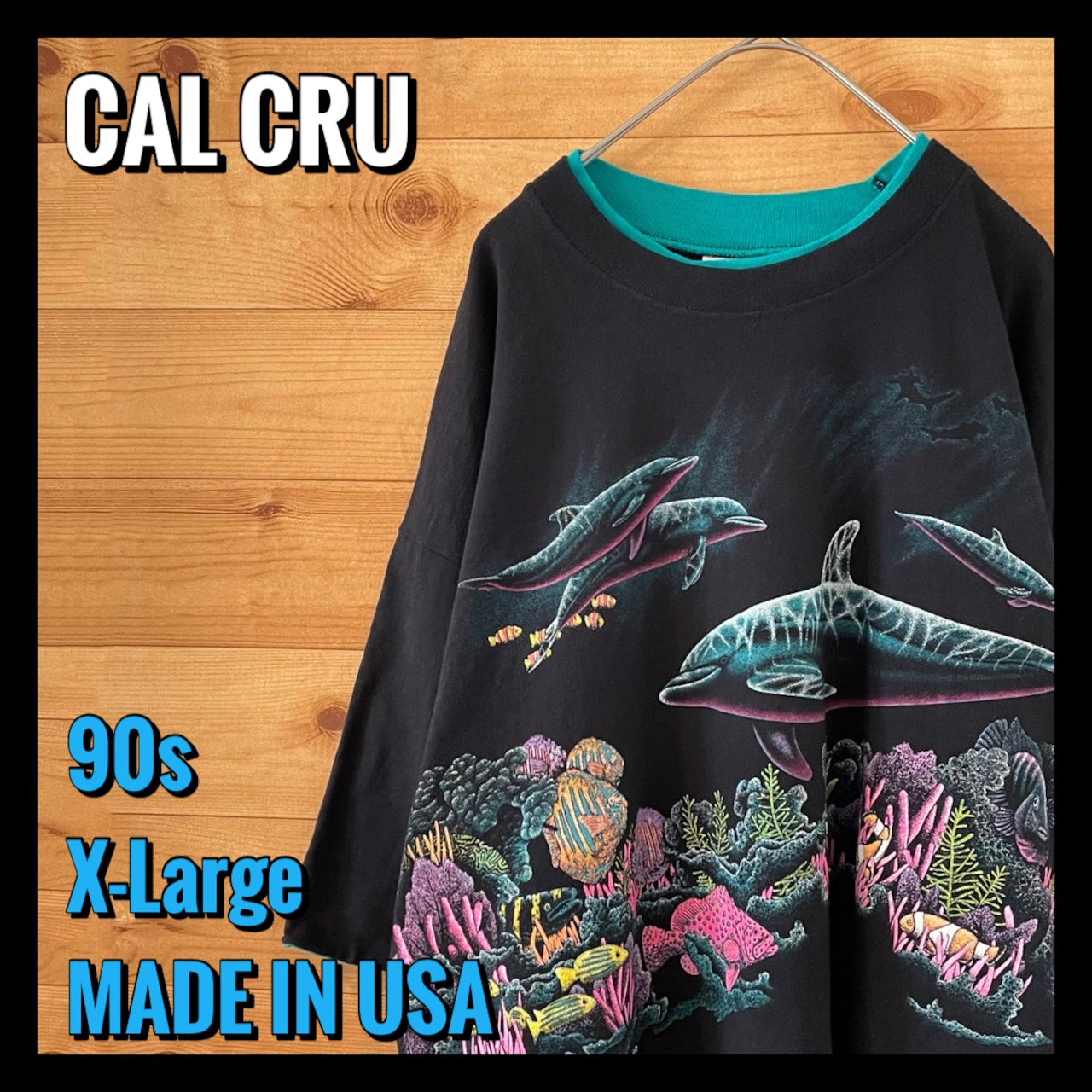 【CALCRU】90s USA製 両面プリント Tシャツ イルカ 熱帯魚  珊瑚 アメリカ古着