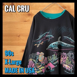 【CALCRU】90s USA製 両面プリント Tシャツ イルカ 熱帯魚  珊瑚 アメリカ古着