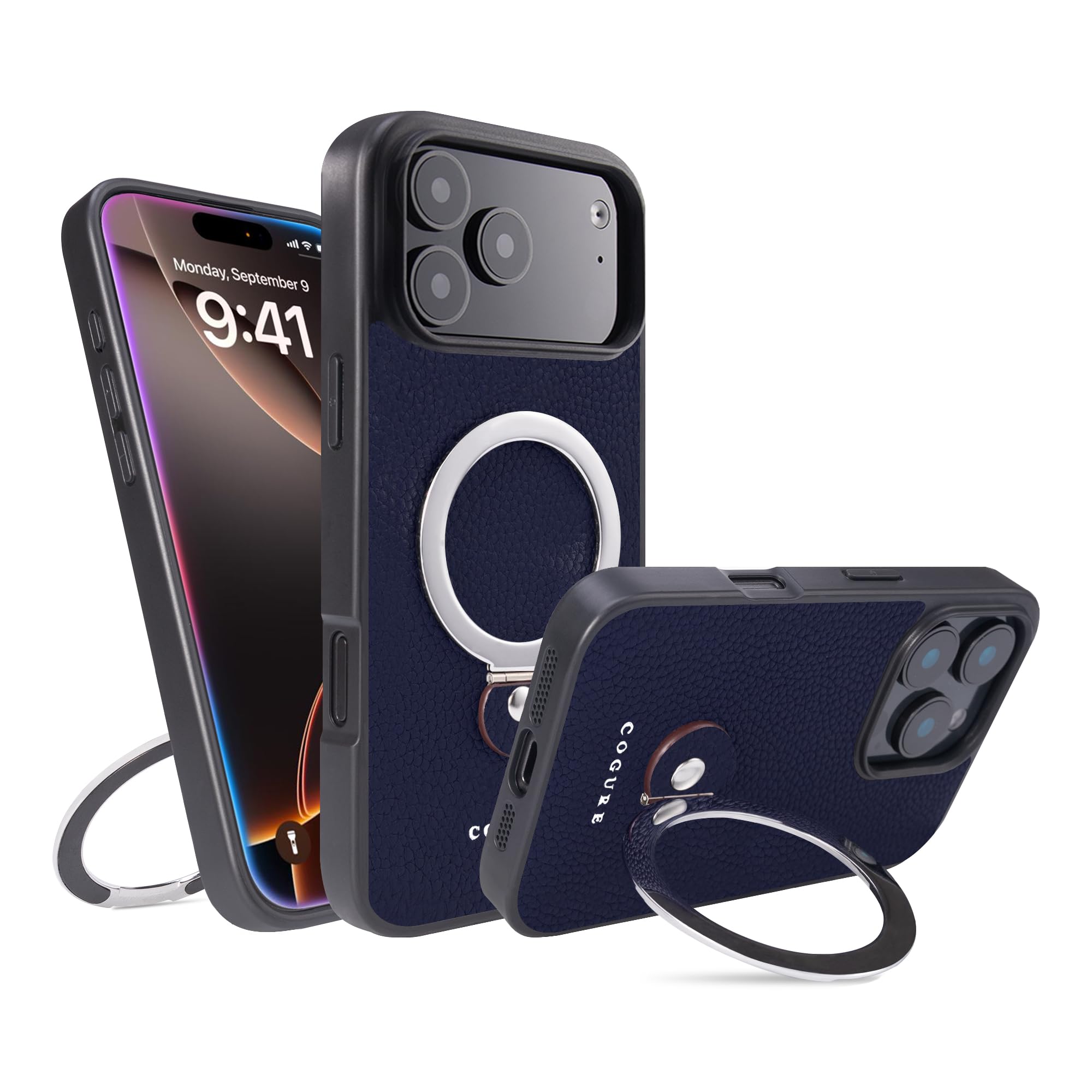 COGURE 互換品 iPhone 18 Pro Max ケース 本革 リング マグネット COPMS ネイビー