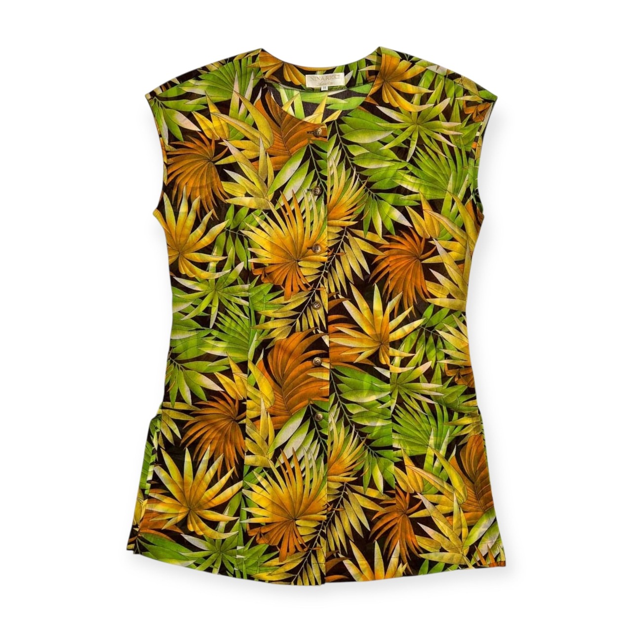 NINA RICCI ニナリッチ ボタニカル 総柄 ノースリーブ シャツ ブラウス サイズ 11 /オールド/ビンテージ