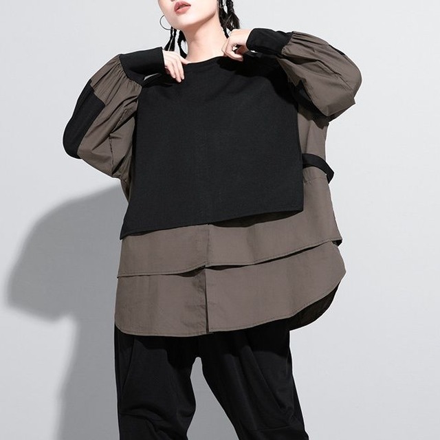 FAUX LAYERED CONTRAST PANEL LONG SLEEVE T-SHIRT M-18184