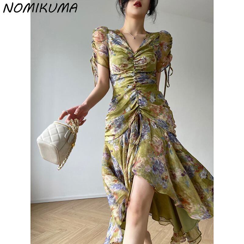 Nomikuma 印刷夏ドレス巾着半袖 V ネック Vestido 不規則フリル A