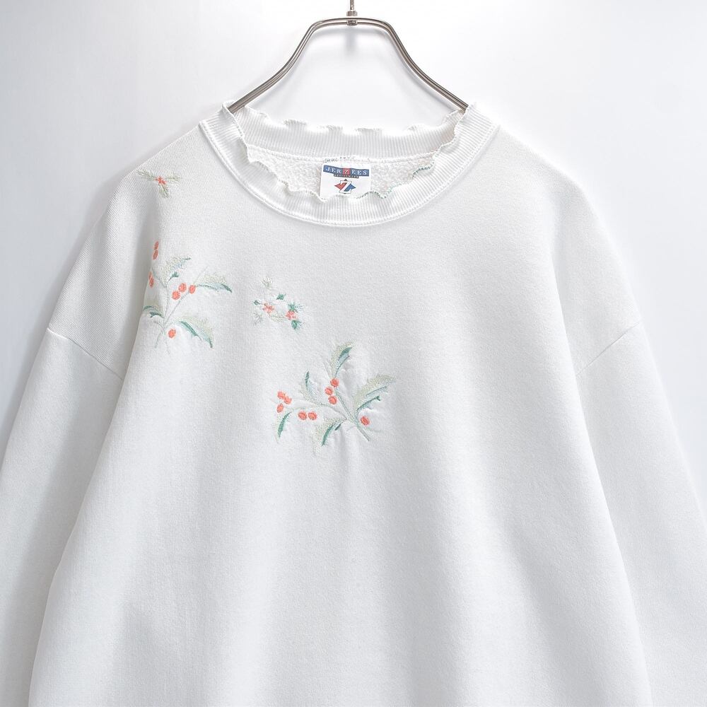 90s USA製 JERZEES ジャージーズ スウェット トレーナー メローステッチ ボタニカル 植物 刺繍 白 ホワイト USED ヴィンテージ ビンテージ 古着 メンズ L