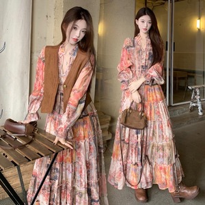 ワンピース 総柄 ロングワンピース レディース シフォンワンピース Vネック 長袖 大きい サイズ ロング丈 きれいめ 大人 上品 お洒落 レトロ 大人女子 とろみ感 春 秋 デート お出かけ 休日 旅行 普段使い 韓国系 スタイル 楽ちん 体系カバー 送料無料 L XL 2XL 3XL 4XL ゆったり サイズ
