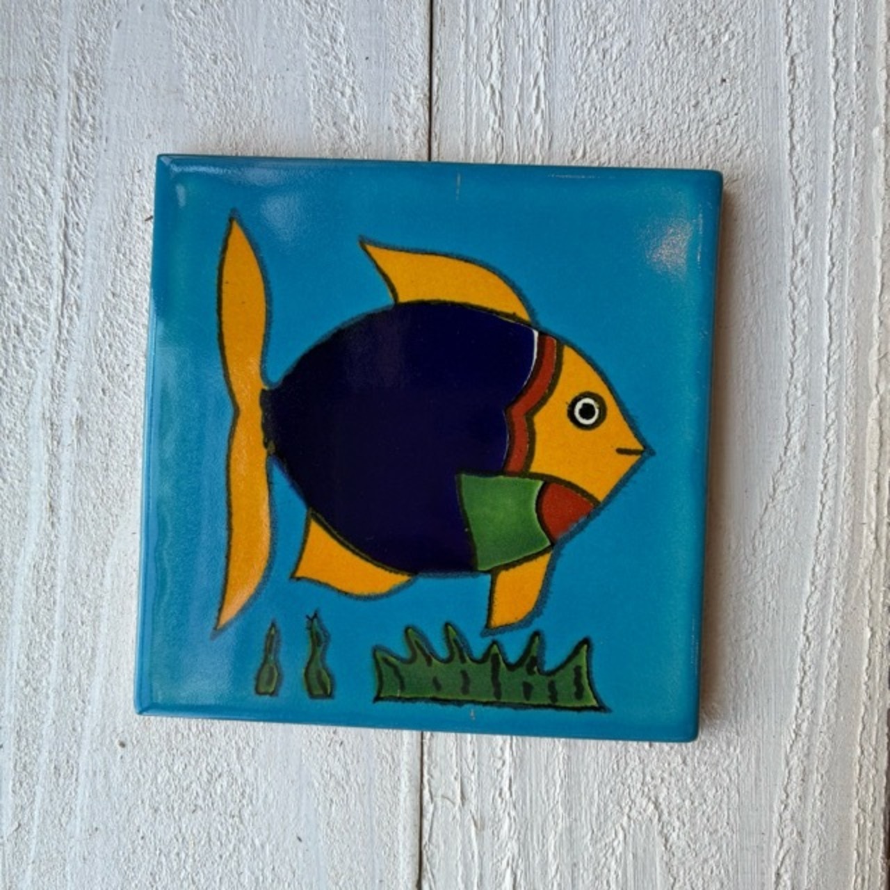 Mexico Talavera tile　メキシコタラベラタイル　003　サカナ　魚　ブルー　10cm　コースター　鍋敷き　DIY　モザイクタイル　柄タイル　室内壁　室外壁　デザインタイル　レトロ　アートタイル　ハンドメイド
