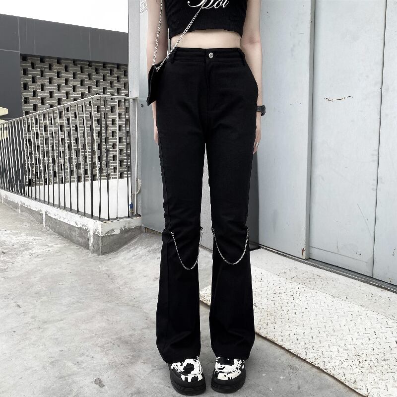 サマーカジュアルスタイルチェーン ショートパンツ ブラックハイウェストウェストスリムジーンズ 夏物 ケッペル85709654487