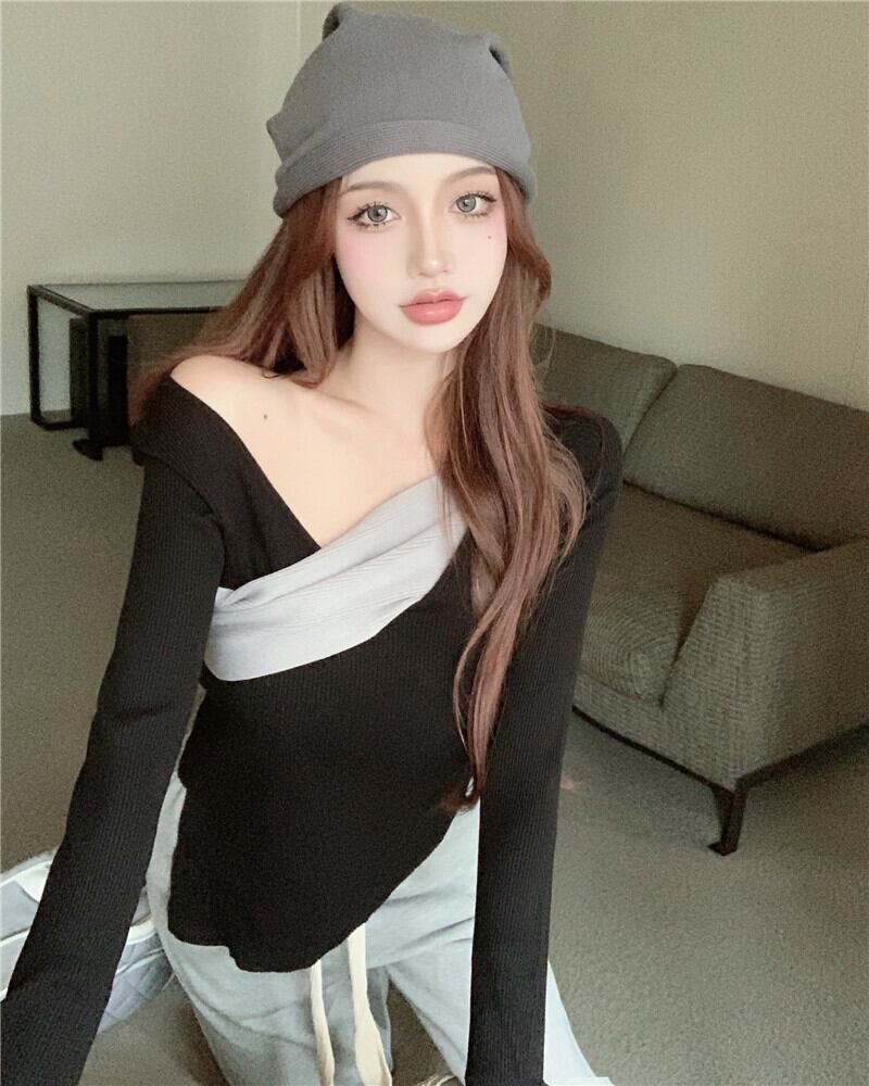 カラーVネックニットセーター レディースオータムシャツ ジャケット ロング 秋物 ガールズファッション53074824912