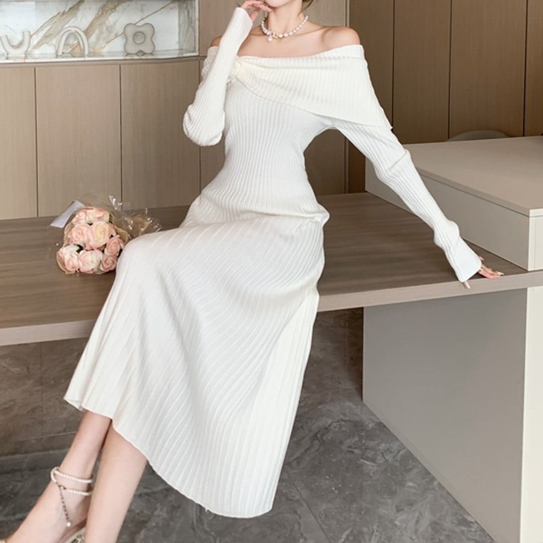 Ribbon Long Sleeve Midi Off-Shoulder Dress (5color) V2077