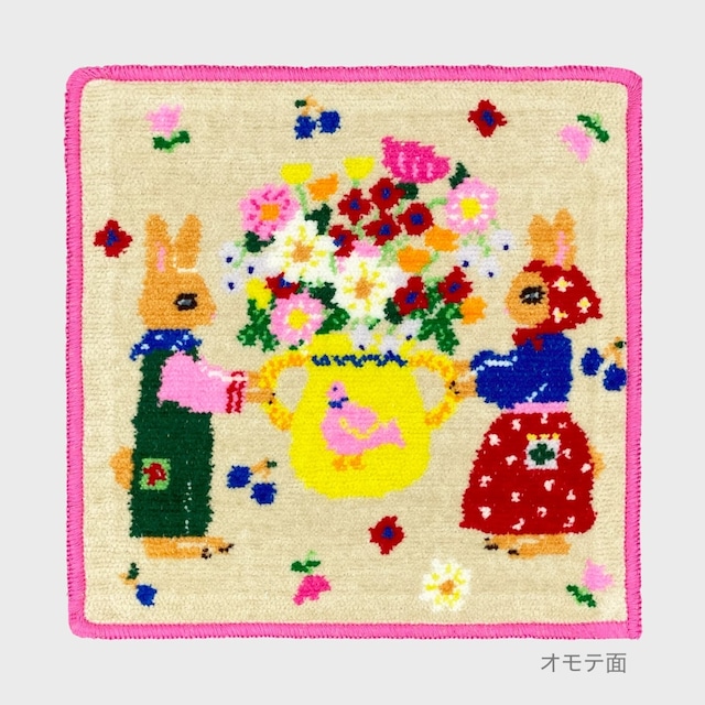 bpbp x 布川愛子 シェニール織ハンカチ / うさぎたちと花瓶 20x20cm 綿100% 日本製 BPAF001