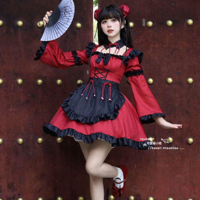 SEASONZ チャイナ風 メイド服 中華ロリータ ワンピース メイド服 スクエアネック フレアスリーブ セット エプロン 中華風メイド コンカフェ メイドカフェ イベント衣装