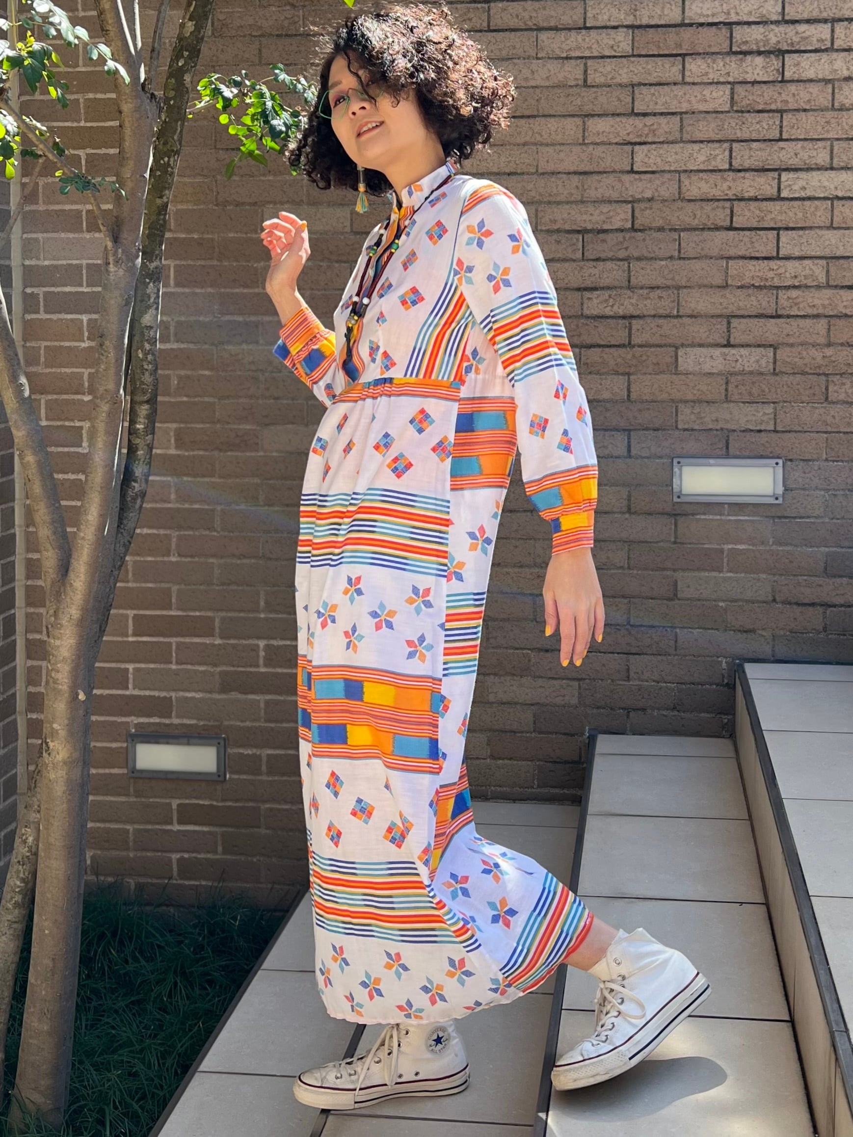 60s-70s white × multicolor cotton maxi dress ( ヴィンテージ ホワイト × マルチカラー コットン マキシワンピース )