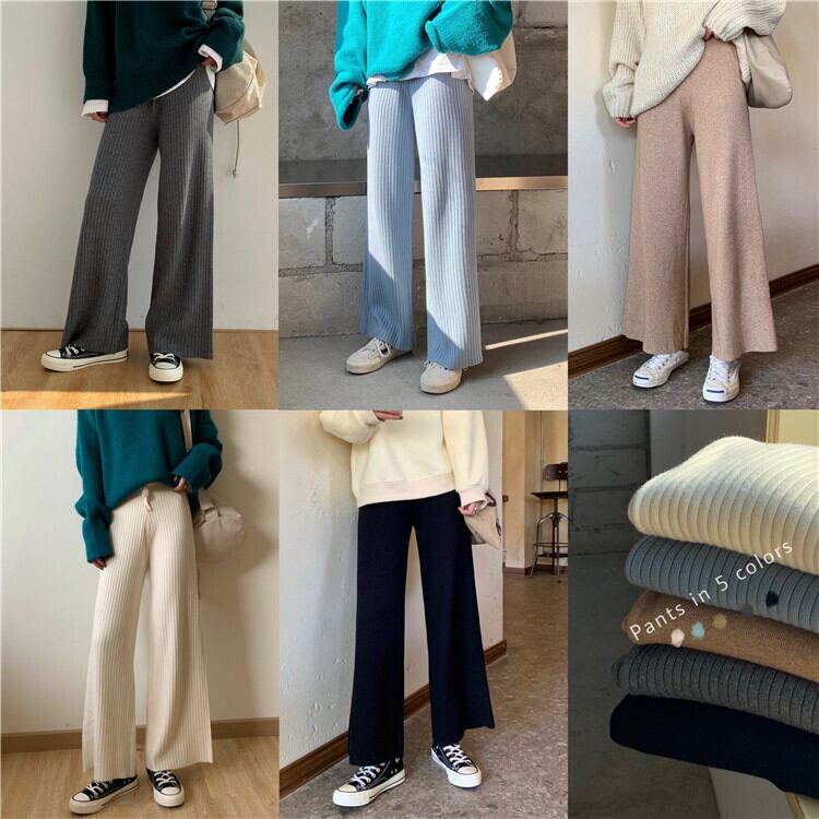 女性のカジュアルパンツ2020年初秋の新しいルーズニットワイドレッグパンツエラスティックウエストネクタイピットストライプパンツ クレセントシティ55176389724