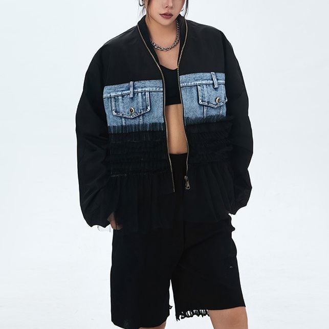 DENIM MESH STITECH BLACK FULLZIP DESIGN JACKET 1color M-14559