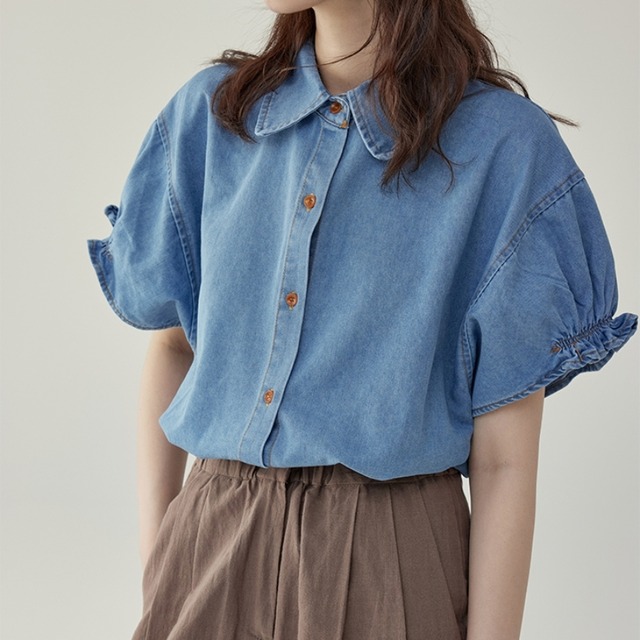 short puff sleeve denim shirt